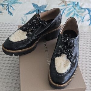 Donald J. Pliner Black Leather Lug Sole Loafers with Cream Shearling